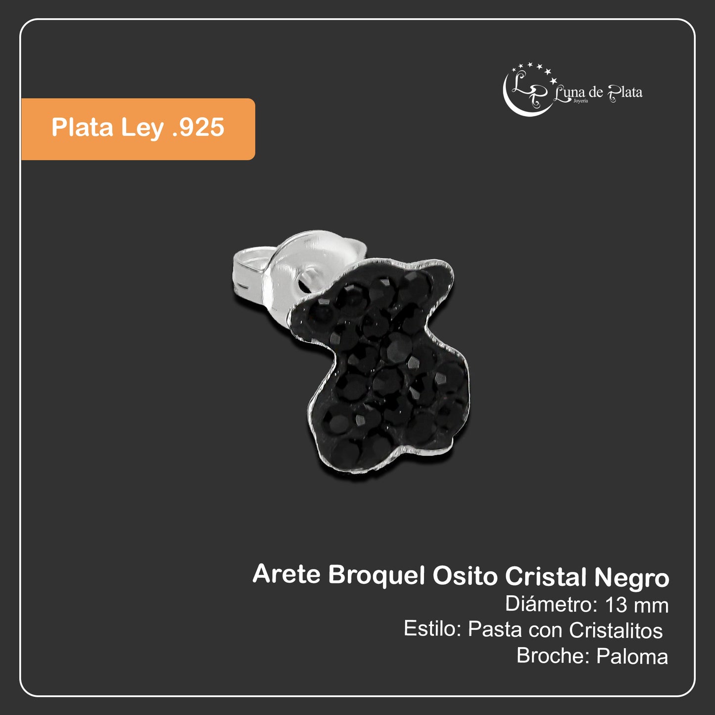 LPAP115 Arete Broquel Osito Cristal Negro en Plata .925 Taxco