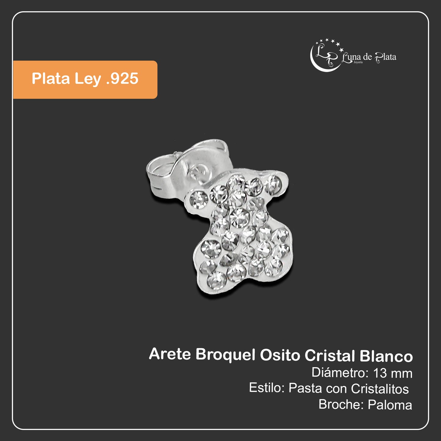 LPAP116 Arete Broquel Osito Cristal Blanco en Plata .925 Taxco