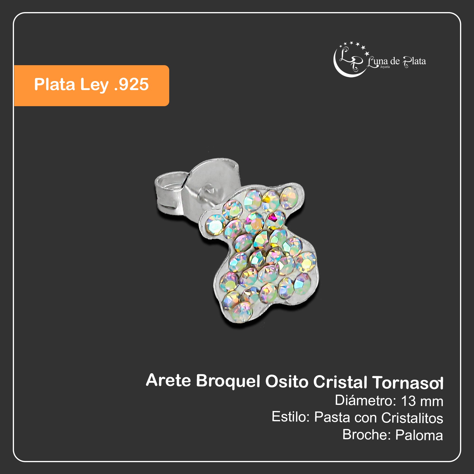 LPAP117 Arete Broquel Osito Cristal Tornasol en Plata .925 Taxco