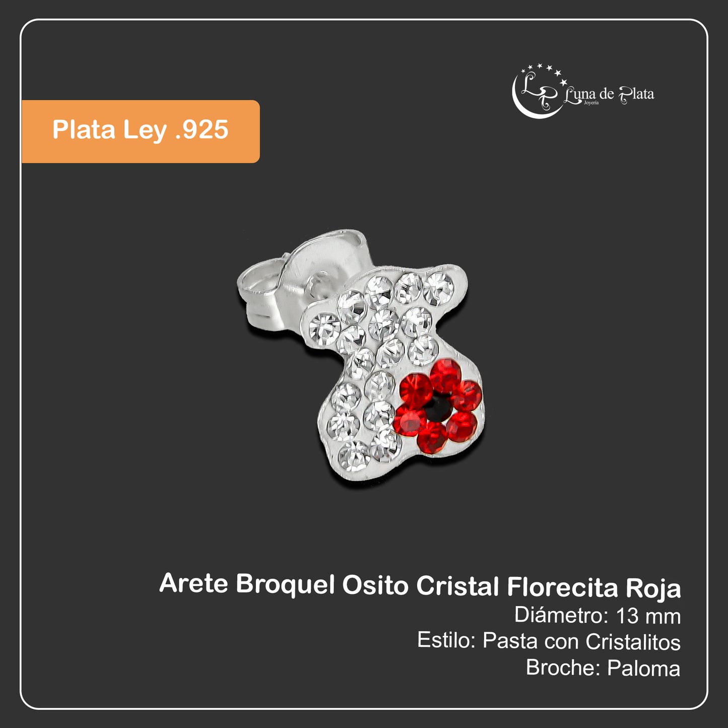 LPAP119 Arete Broquel Osito Cristal Florecita Roja en Plata .925 Taxco