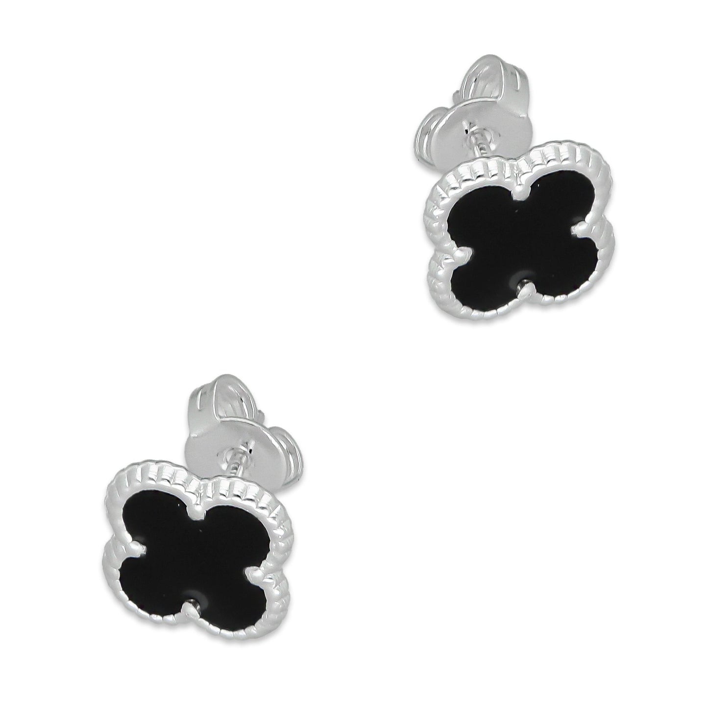 LPAP129 Arete Broquel Trébol Negro Esmalte 11 mm en Plata .925 Taxco