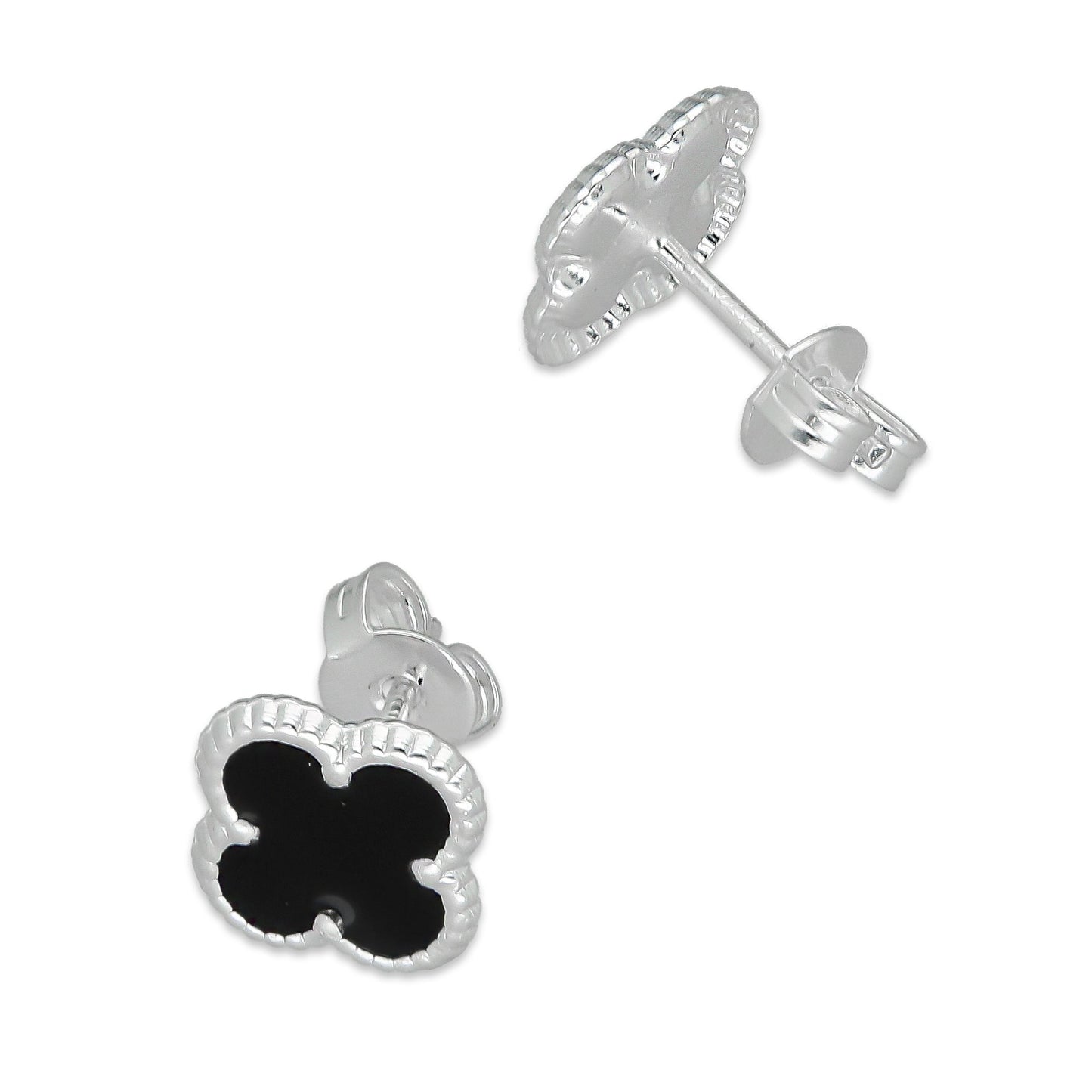 LPAP129 Arete Broquel Trébol Negro Esmalte 11 mm en Plata .925 Taxco