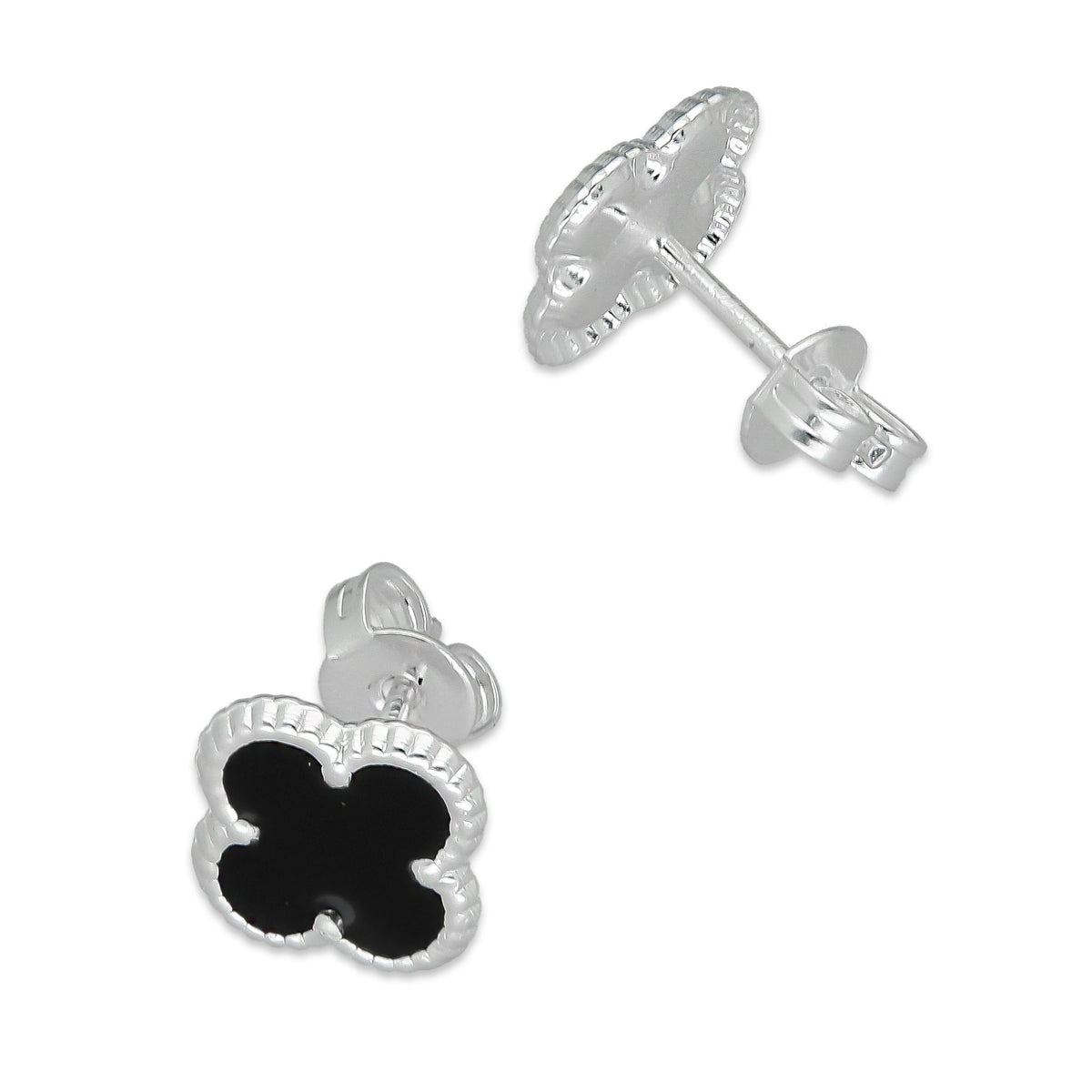 LPAP129 Arete Broquel Trébol Negro Esmalte 11 mm en Plata .925 Taxco