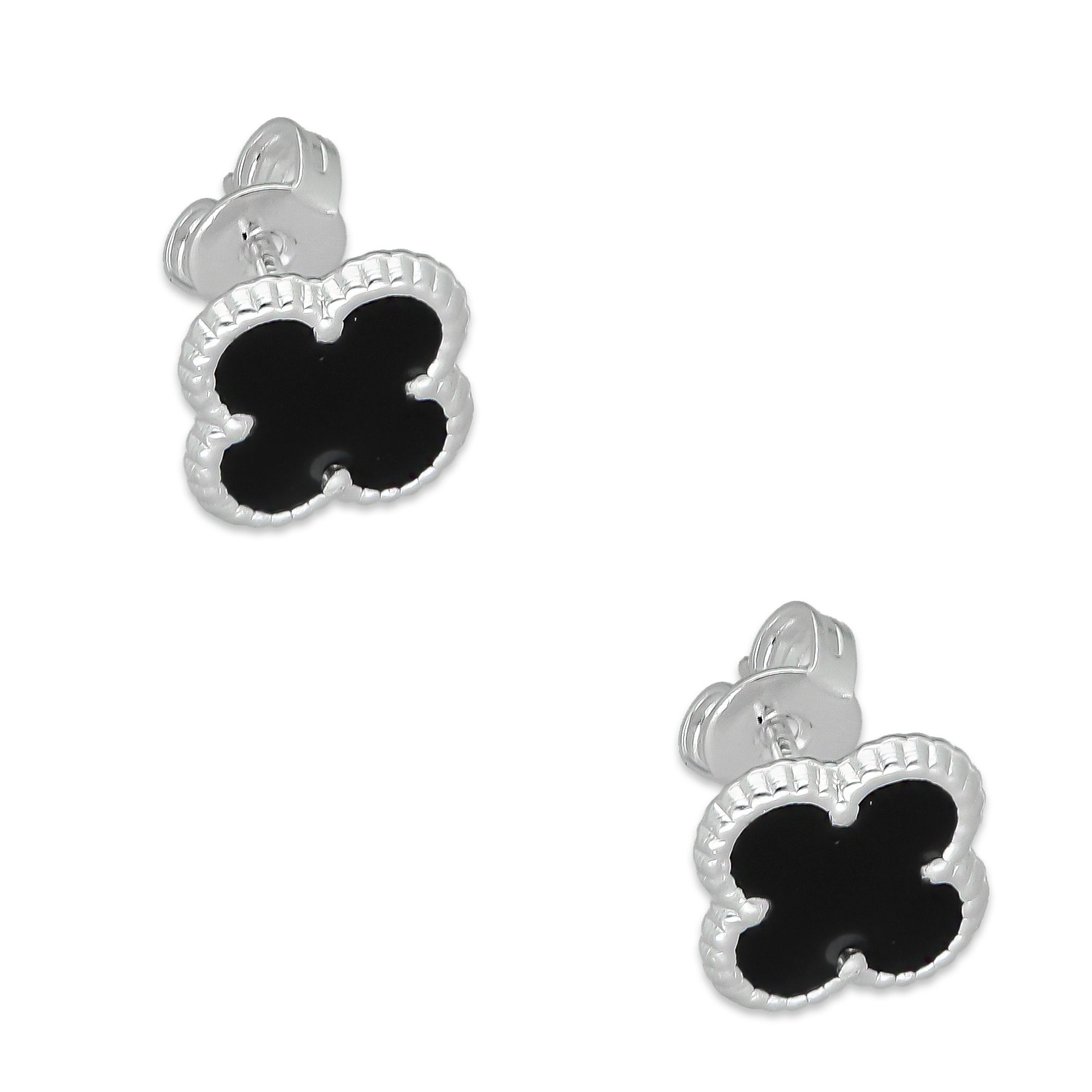 LPAP129 Arete Broquel Trébol Negro Esmalte 11 mm en Plata .925 Taxco