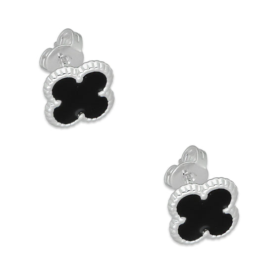 LPAP129 Arete Broquel Trébol Negro Esmalte 11 mm en Plata .925 Taxco