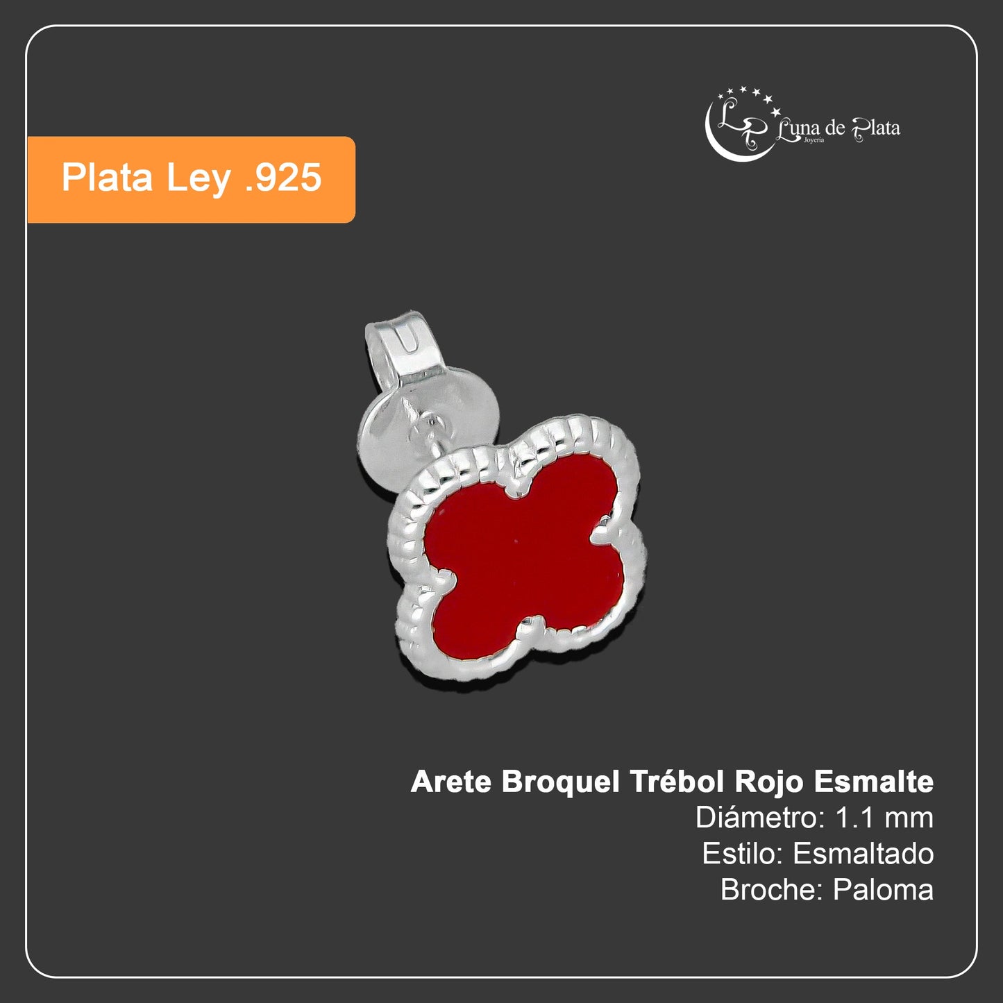 LPAP130 Arete Broquel Trébol Rojo Esmalte 11 mm en Plata .925 Taxco