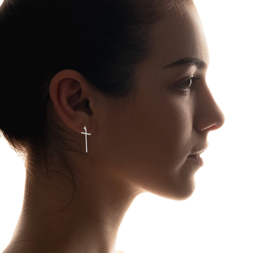 LPAP131 Arete Broquel Cruz Colgante Slim Zirconia en Plata .925 Taxco