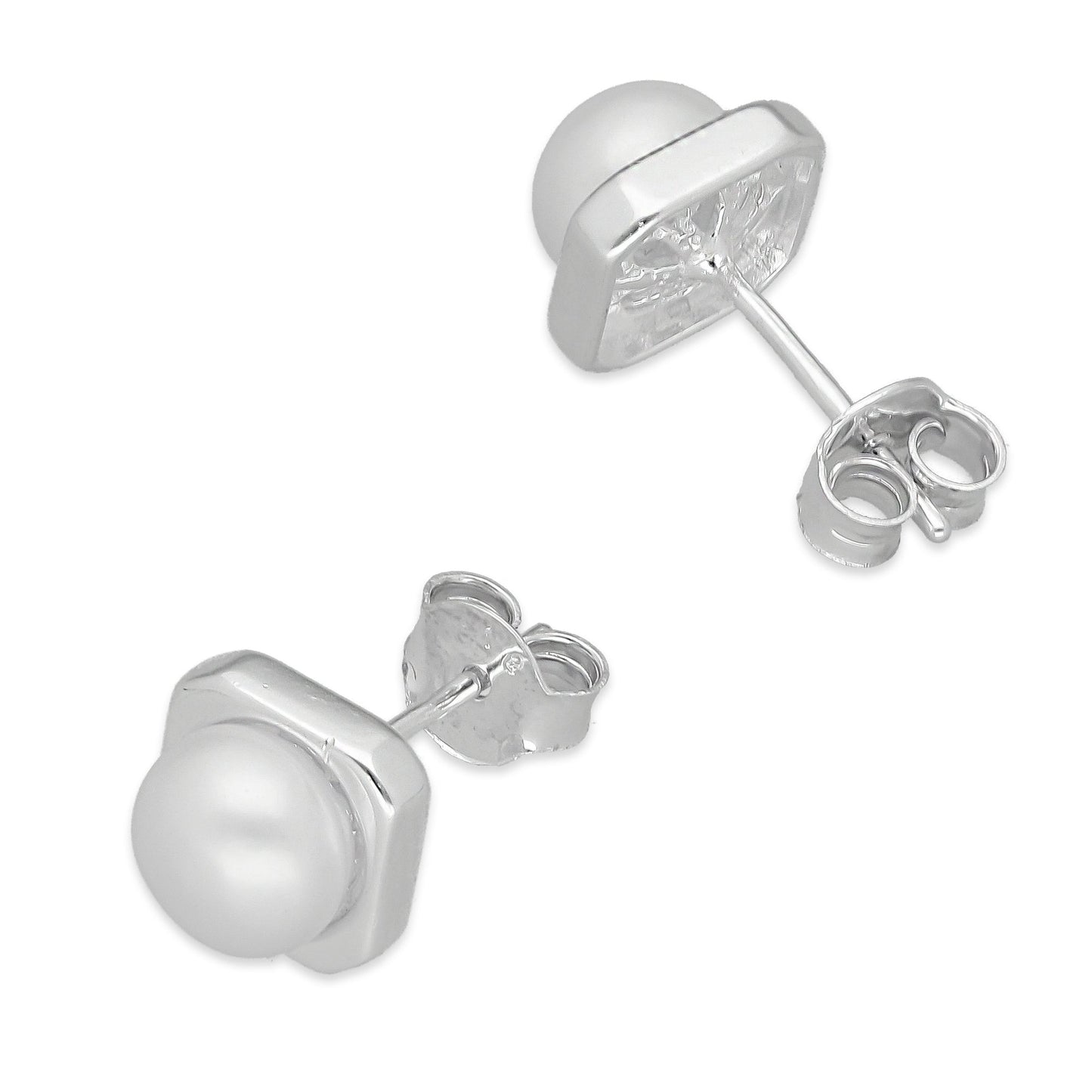 LPAP132 Arete Broquel Perla 6 mm Bisel Liso Cuadrado en Plata .925 Taxco