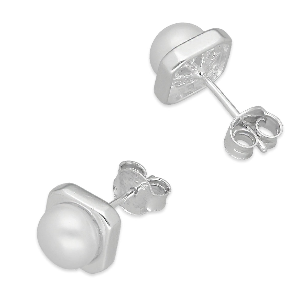 LPAP132 Arete Broquel Perla 6 mm Bisel Liso Cuadrado en Plata .925 Taxco