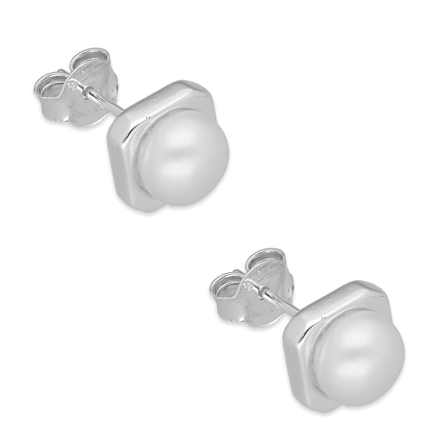 LPAP132 Arete Broquel Perla 6 mm Bisel Liso Cuadrado en Plata .925 Taxco