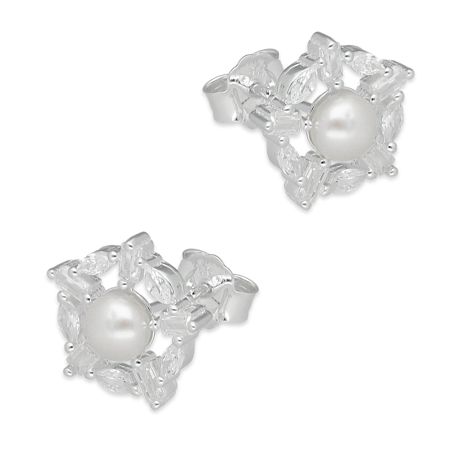 LPAP134 Arete Broquel Perla 6 mm Copo de Nieve con Zirconias en Plata .925 Taxco