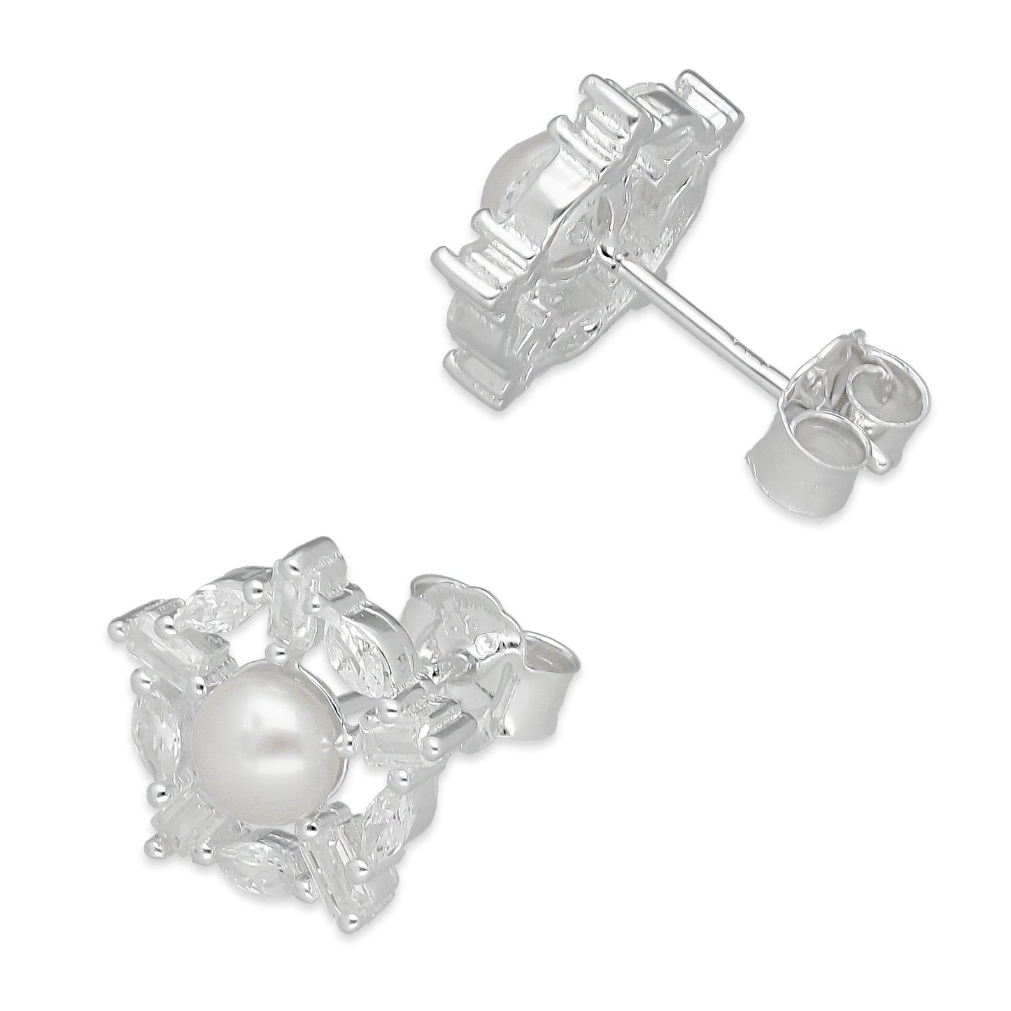 LPAP134 Arete Broquel Perla 6 mm Copo de Nieve con Zirconias en Plata .925 Taxco