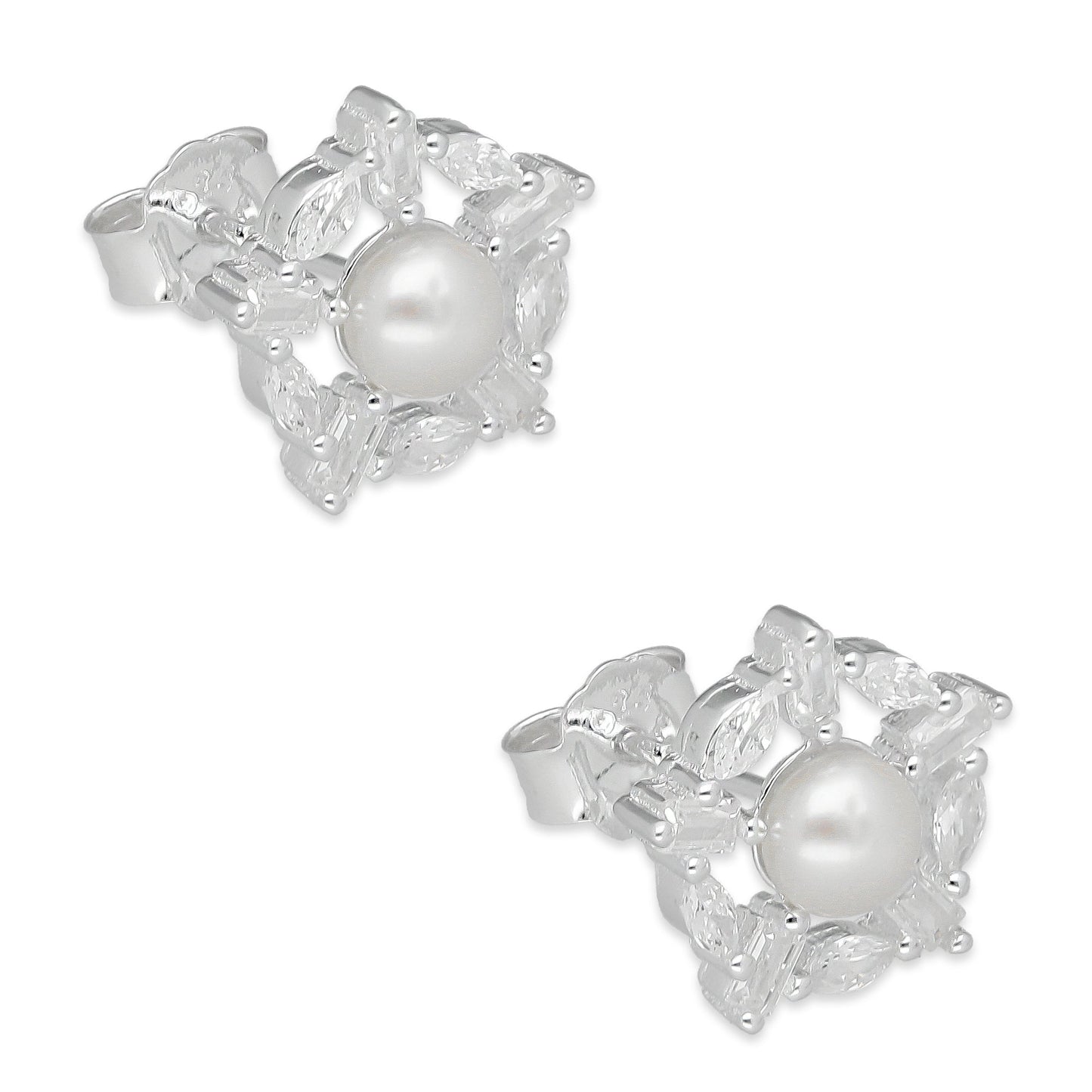 LPAP134 Arete Broquel Perla 6 mm Copo de Nieve con Zirconias en Plata .925 Taxco