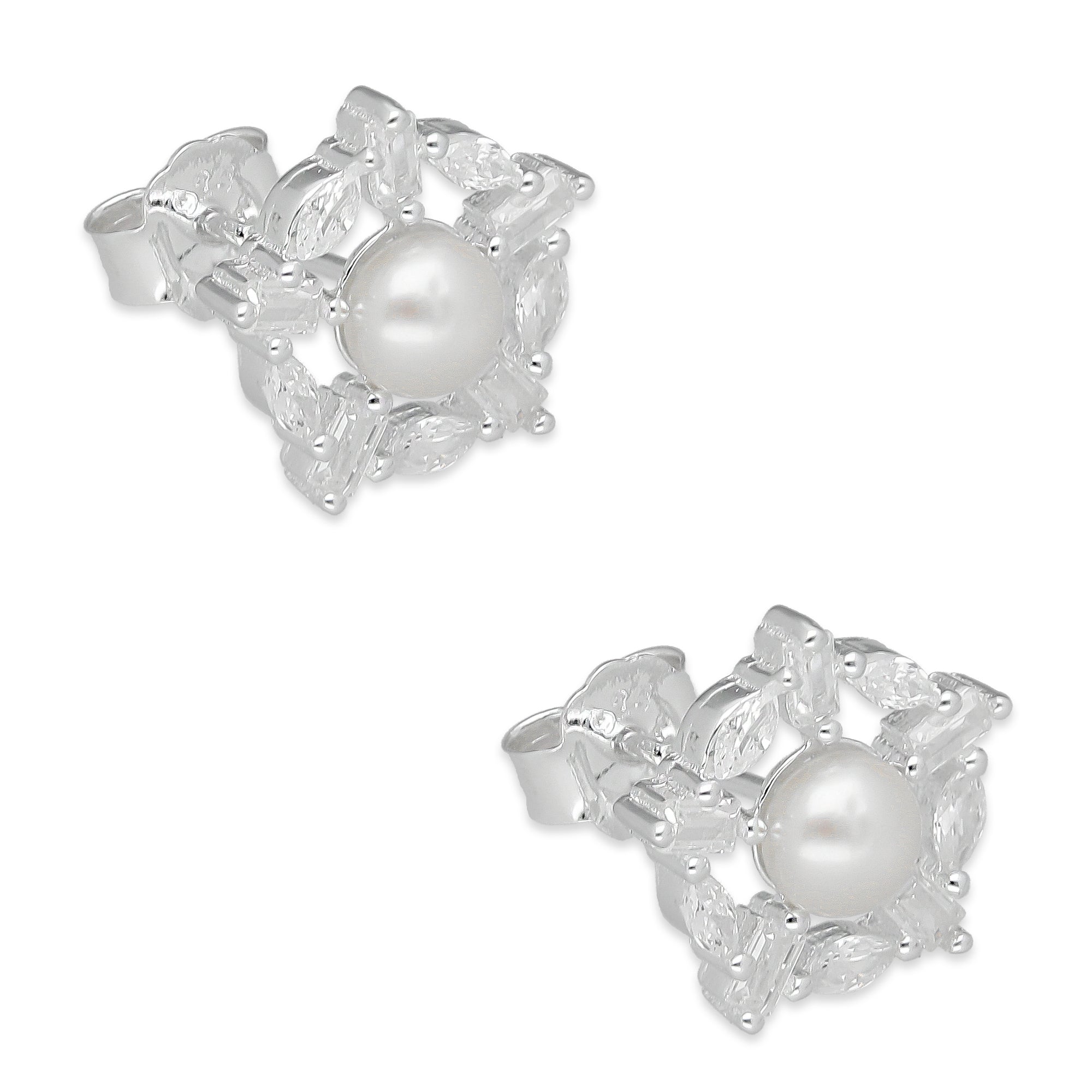 LPAP134 Arete Broquel Perla 6 mm Copo de Nieve con Zirconias en Plata .925 Taxco