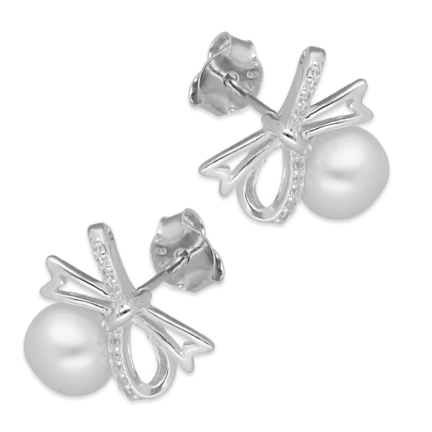 LPAP136 Arete Broquel Perla 6 mm Moñito con Zirconias en Plata .925 Taxco
