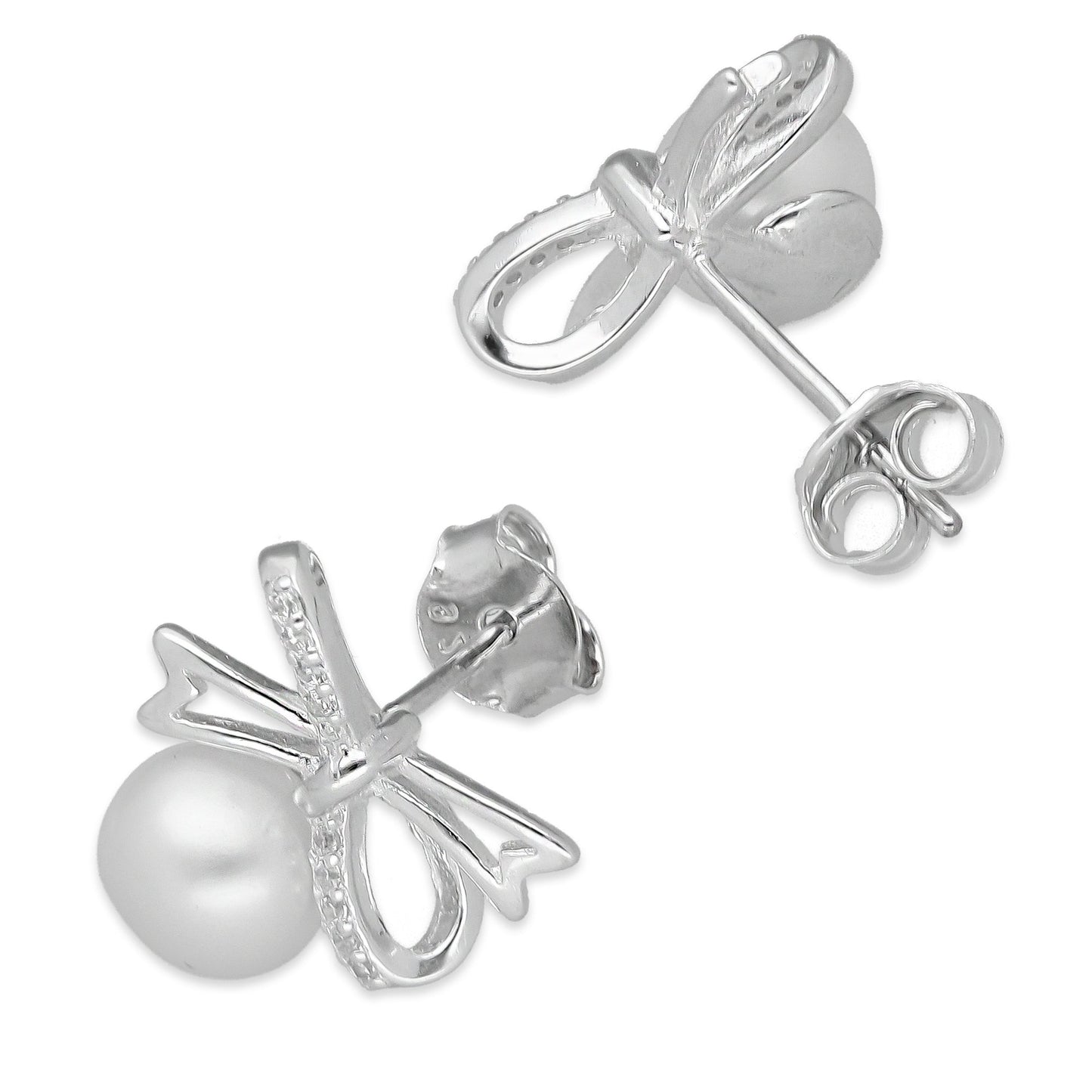 LPAP136 Arete Broquel Perla 6 mm Moñito con Zirconias en Plata .925 Taxco