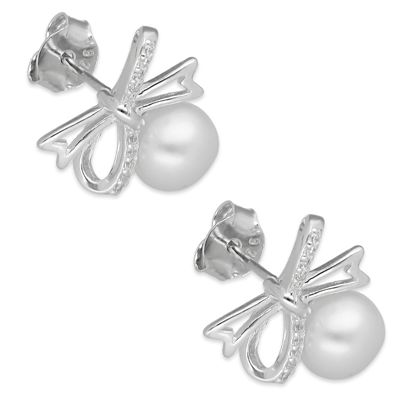 LPAP136 Arete Broquel Perla 6 mm Moñito con Zirconias en Plata .925 Taxco