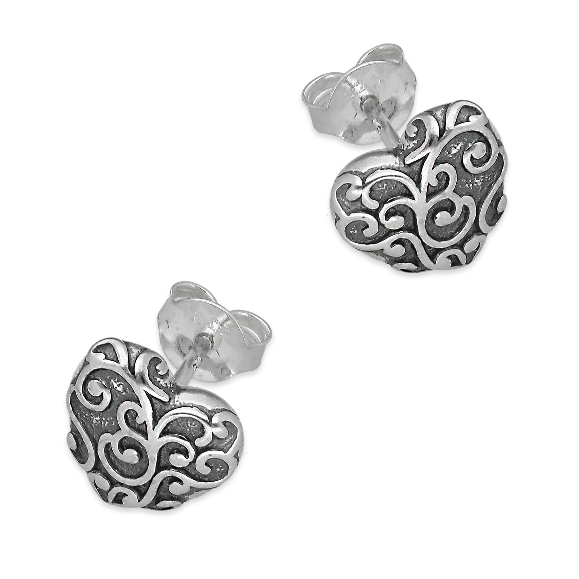 LPAP141 Arete Broquel Corazón Bombeado Ornamentado en Plata .925 Taxco