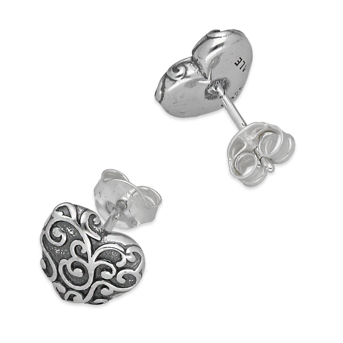 LPAP141 Arete Broquel Corazón Bombeado Ornamentado en Plata .925 Taxco