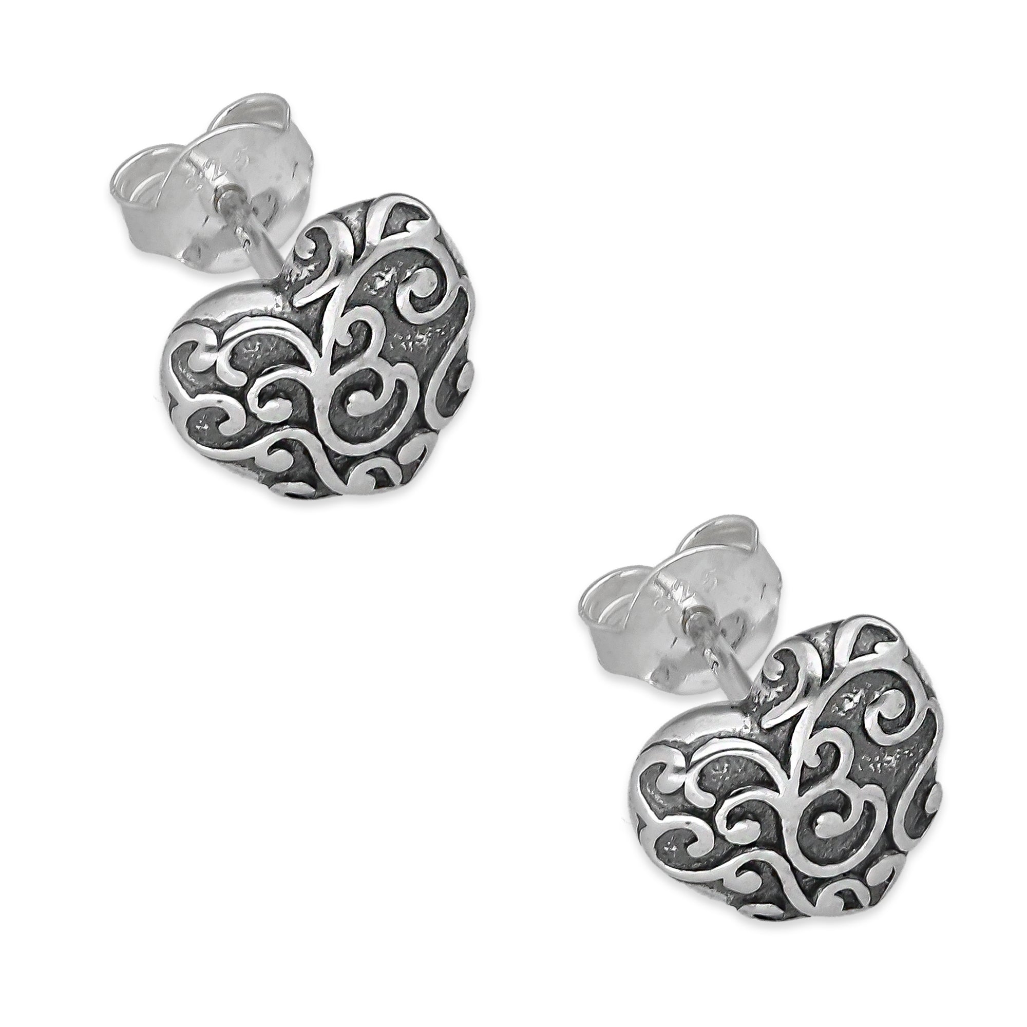 LPAP141 Arete Broquel Corazón Bombeado Ornamentado en Plata .925 Taxco