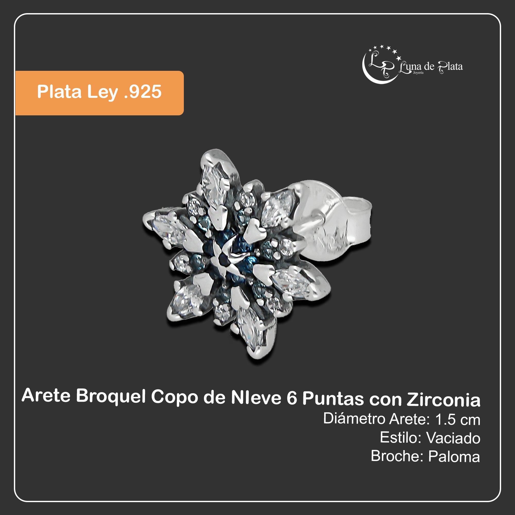 LPAP143 Arete Broquel Copo de NIeve 6 Puntas con Zirconia en Plata .925 Taxco