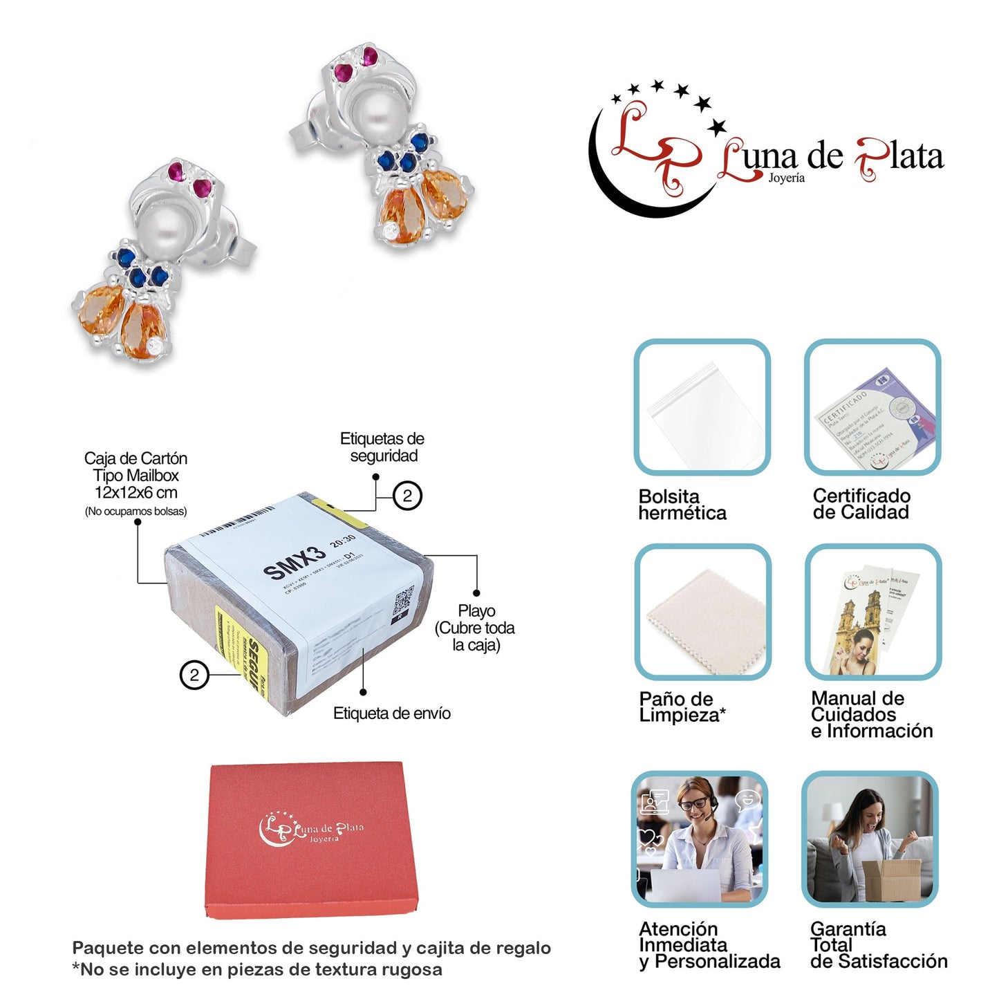 LPAP147 Arete Broquel Princess Mod 4 Blan Multi Plata .925 Taxco 4685780020