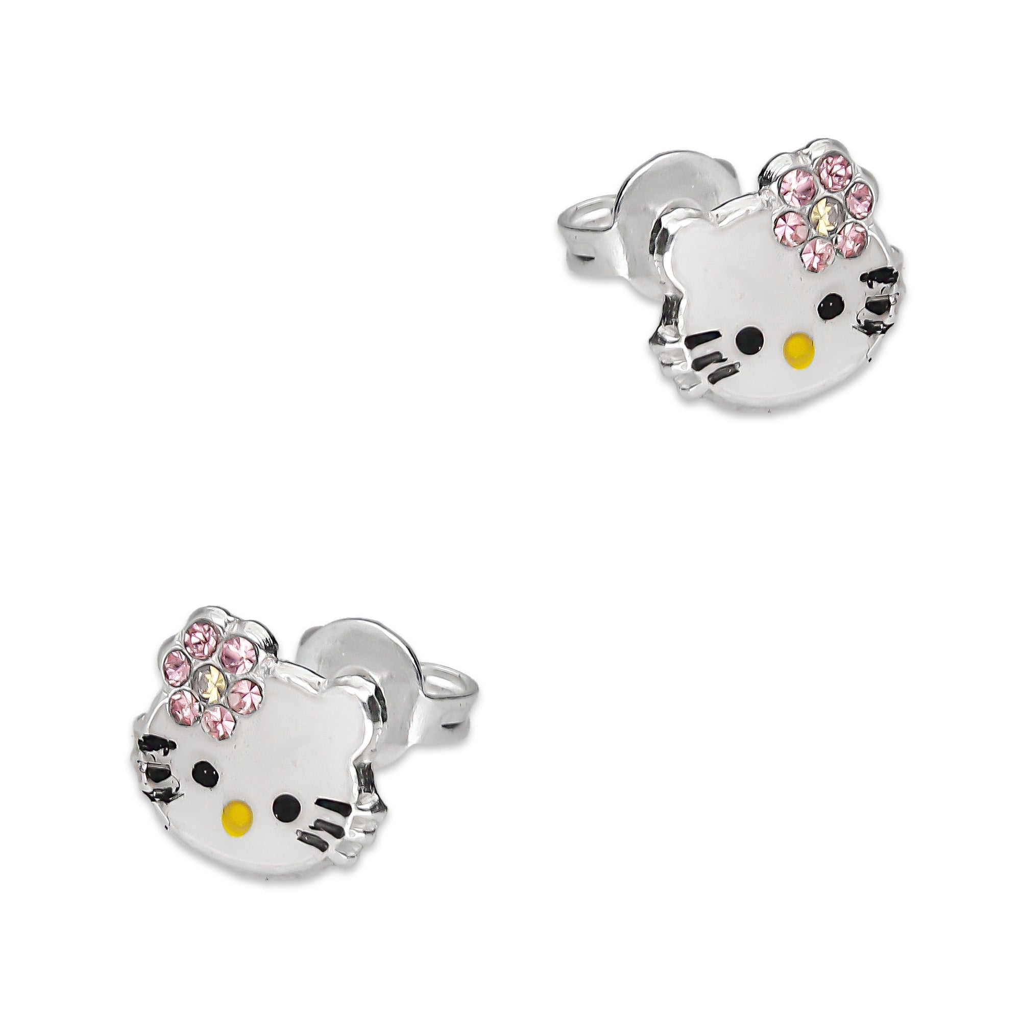 LPYAP001 Arete Broquel Kitty Esmalte Florecita Zirconias en Plata .925