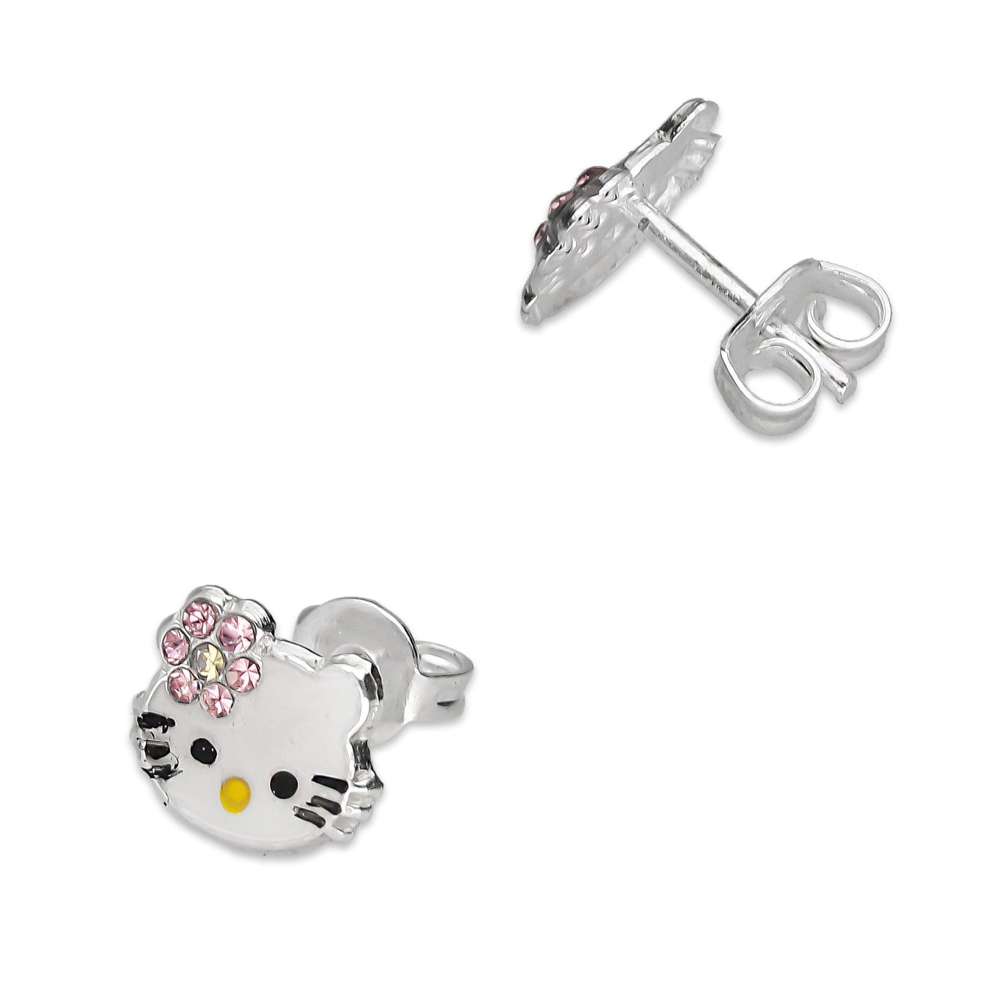 LPYAP001 Arete Broquel Kitty Esmalte Florecita Zirconias en Plata .925
