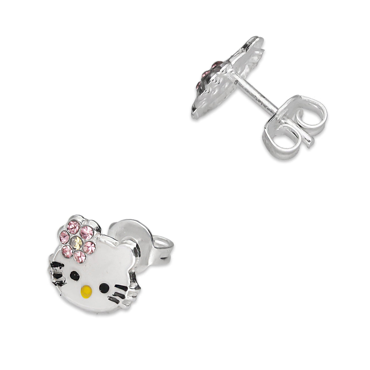 LPYAP001 Arete Broquel Kitty Esmalte Florecita Zirconias en Plata .925