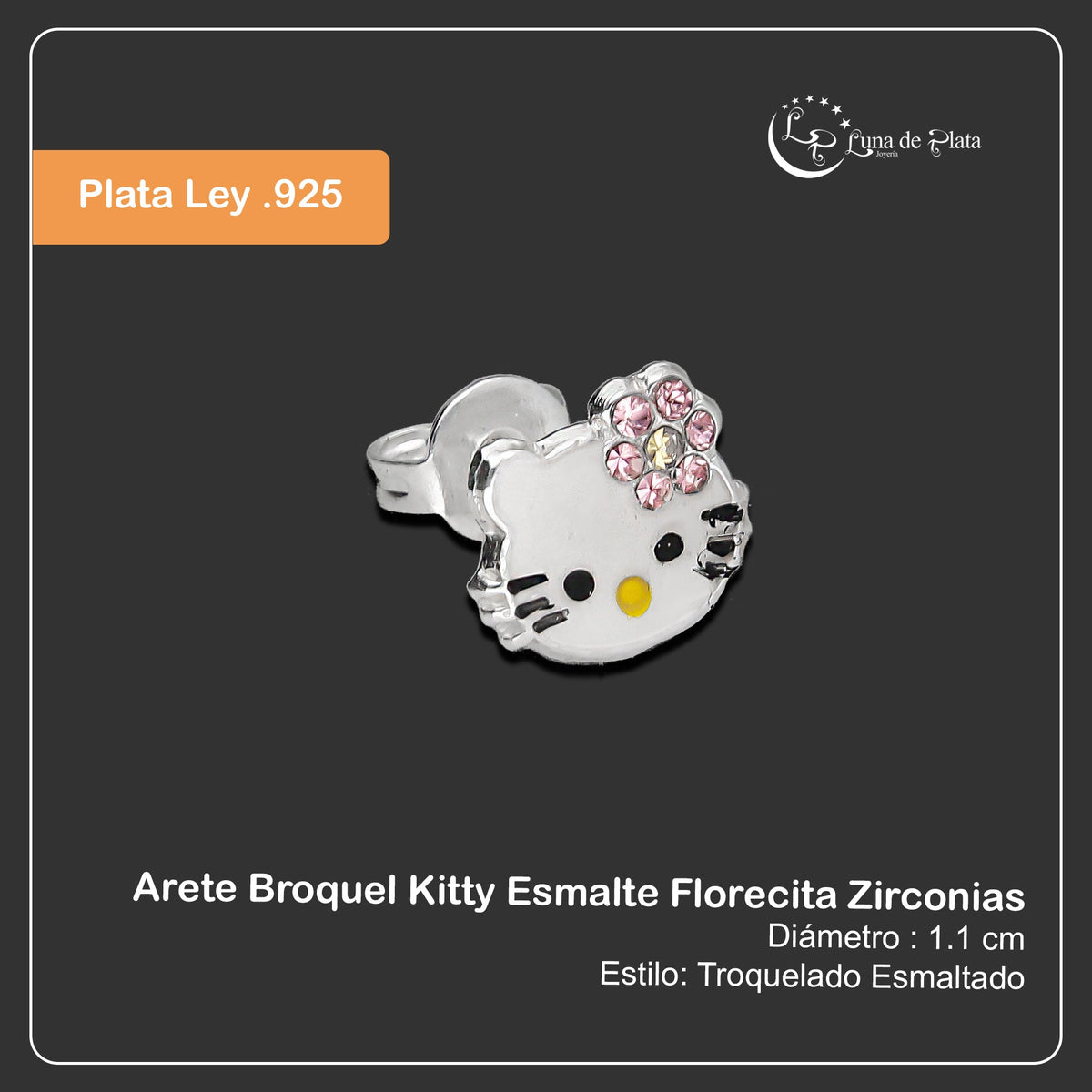 LPYAP001 Arete Broquel Kitty Esmalte Florecita Zirconias en Plata .925
