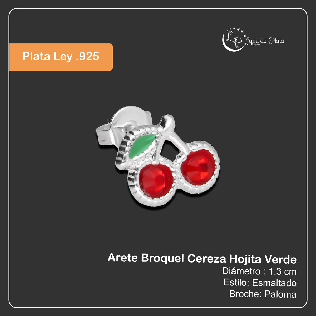 LPYAP005 Arete Broquel Cereza Hojita Verde en Plata .925 5539490390