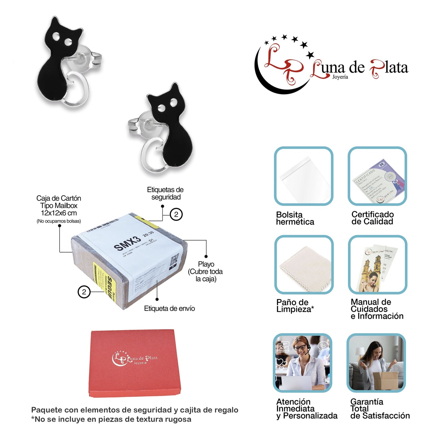 LPYAP007 Arete Broquel Gatos Negros en Plata .925 5539490466