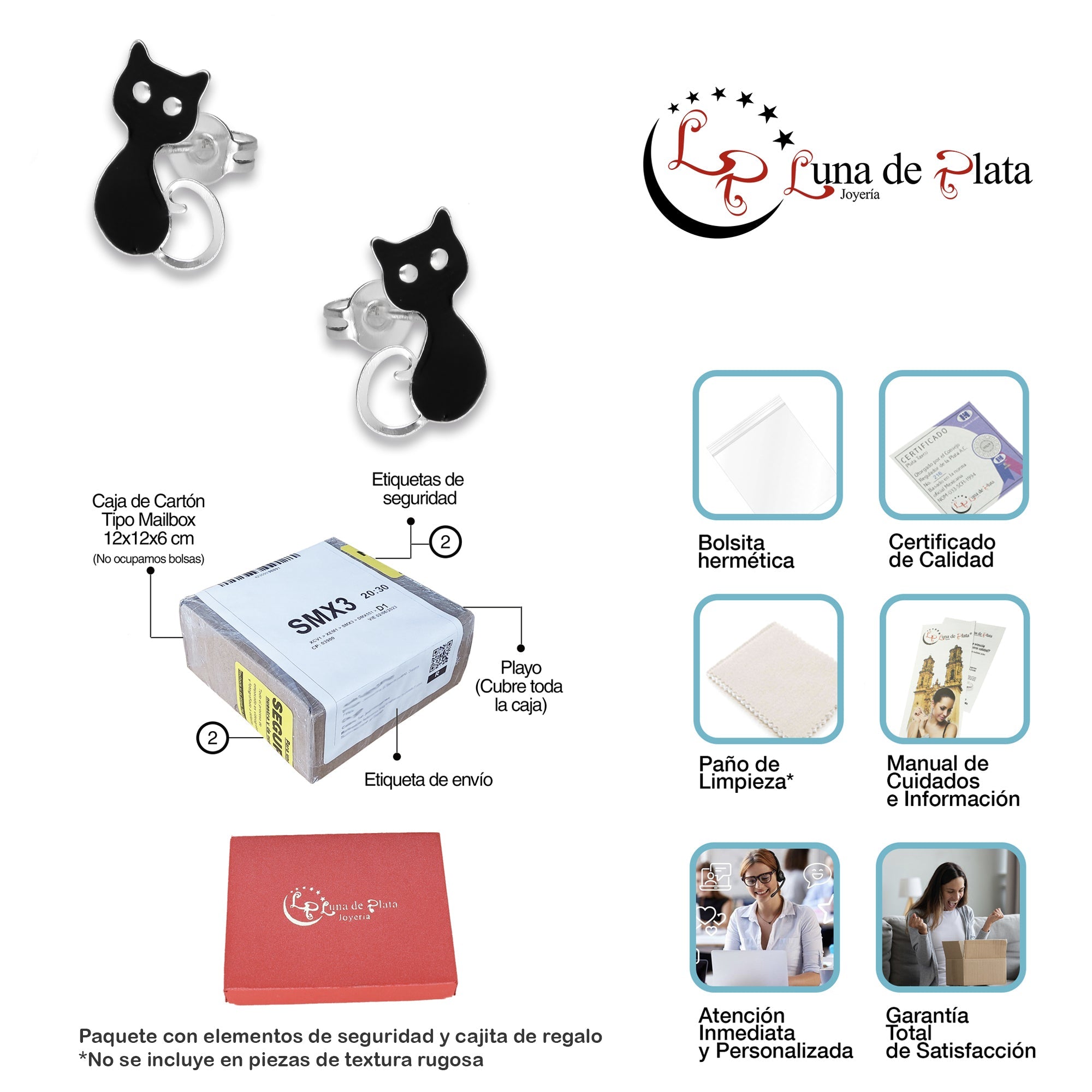 LPYAP007 Arete Broquel Gatos Negros en Plata .925 5539490466