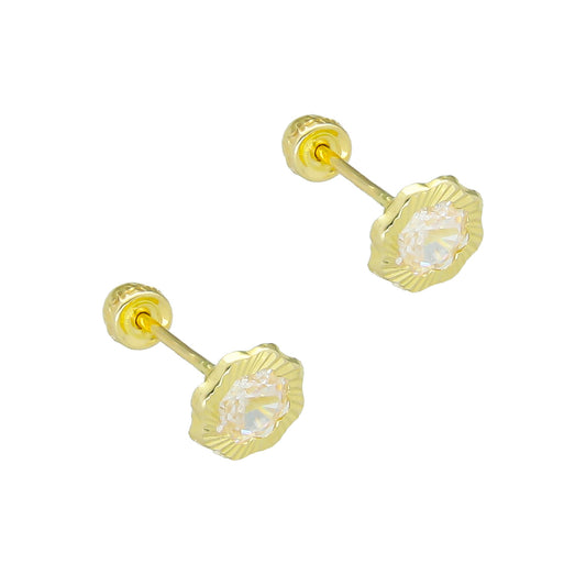 LPAUBR089 Aretes Broquel Oro 10K Niña o Mujer Flor Bisel Diam Blanco 662-B 1908978297