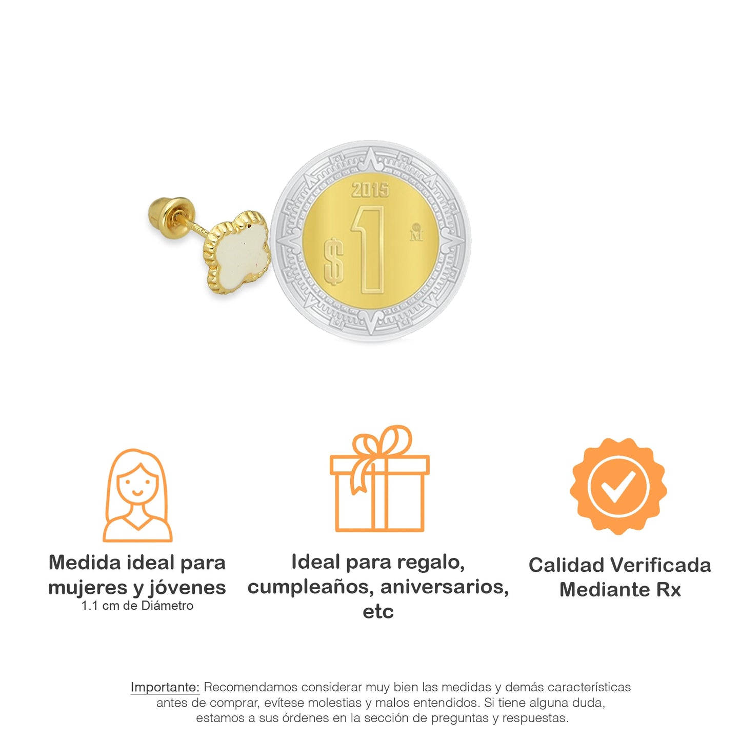 LPAUBR098 Aretes Broquel Oro Sólido 10K Trébol Esmalte Blanco 6 mm de Diámetro 776