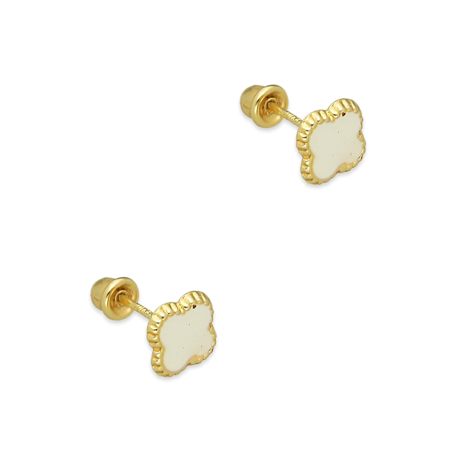 LPAUBR098 Aretes Broquel Oro Sólido 10K Trébol Esmalte Blanco 6 mm de Diámetro 776
