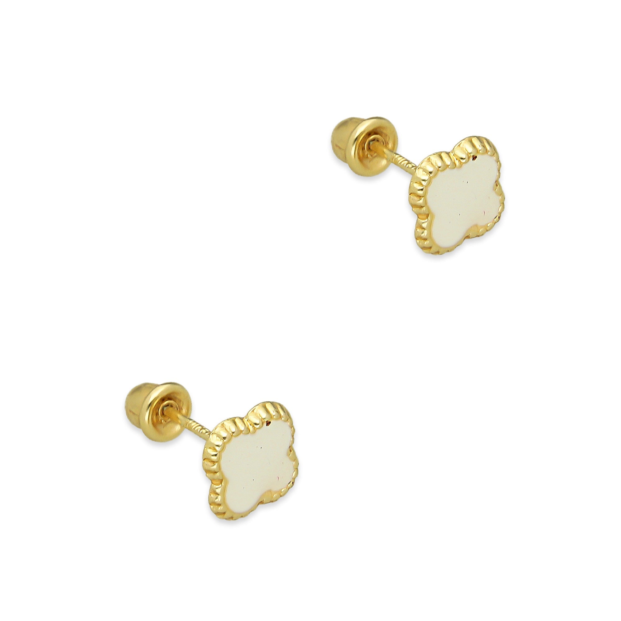 LPAUBR098 Aretes Broquel Oro Sólido 10K Trébol Esmalte Blanco 6 mm de Diámetro 776