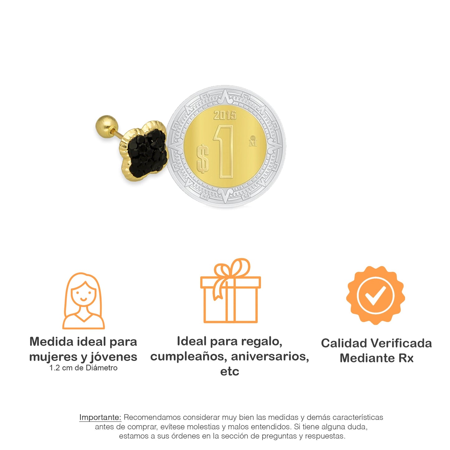 LPAUBR101 Aretes Broquel Oro Sólido 10K Trébol Cubierto de Cristales Negro 8 mm 772