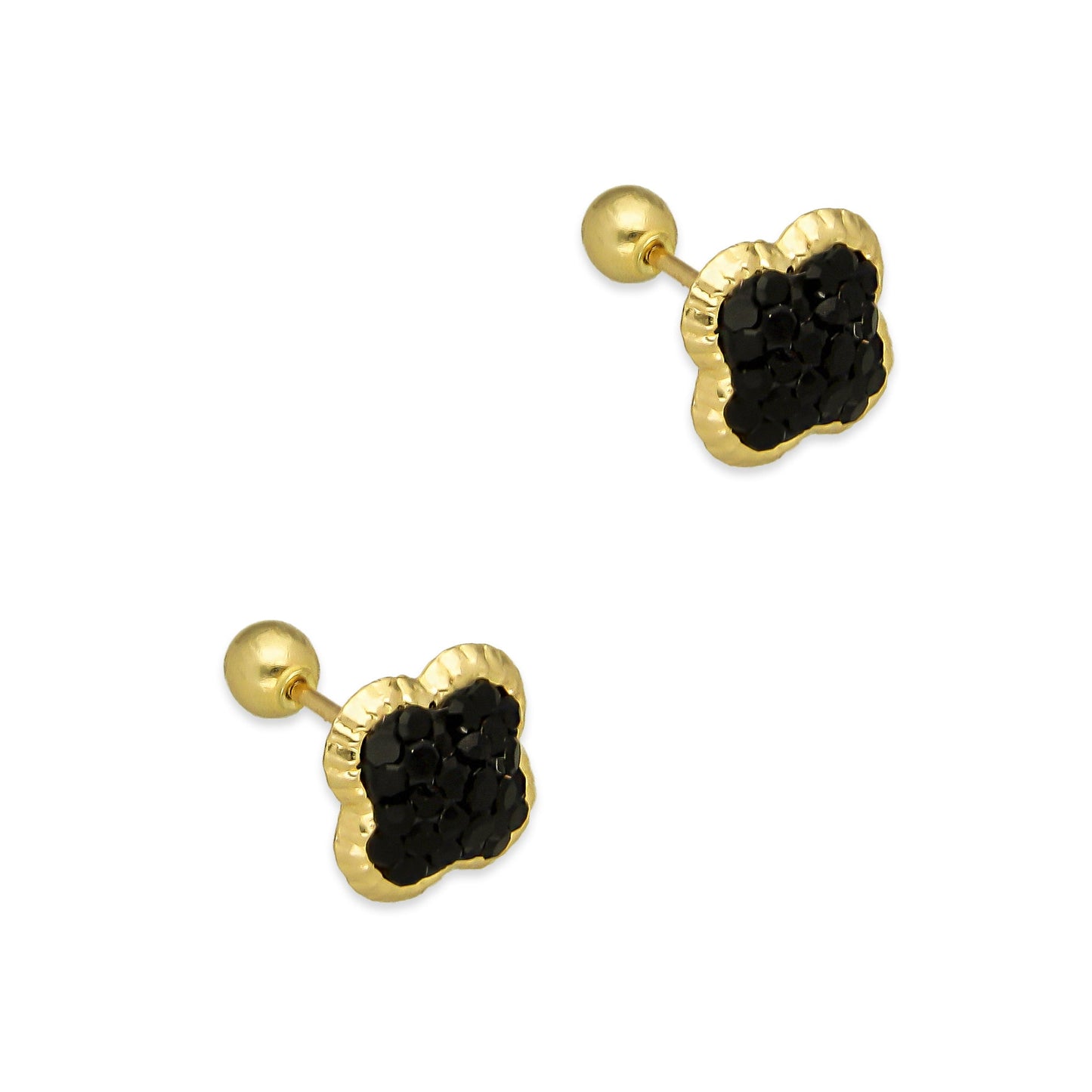 LPAUBR101 Aretes Broquel Oro Sólido 10K Trébol Cubierto de Cristales Negro 8 mm 772