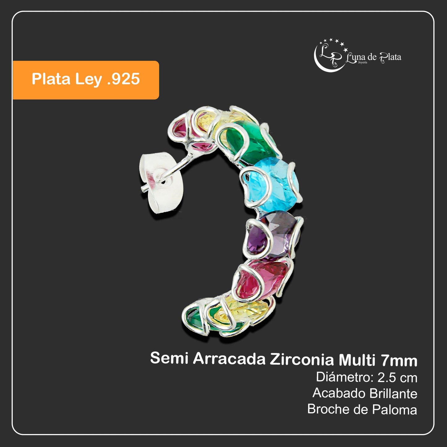 LPAZ018 Semi Arracada Zirconia Multi 7mm en Plata .925 Taxco 1446078845