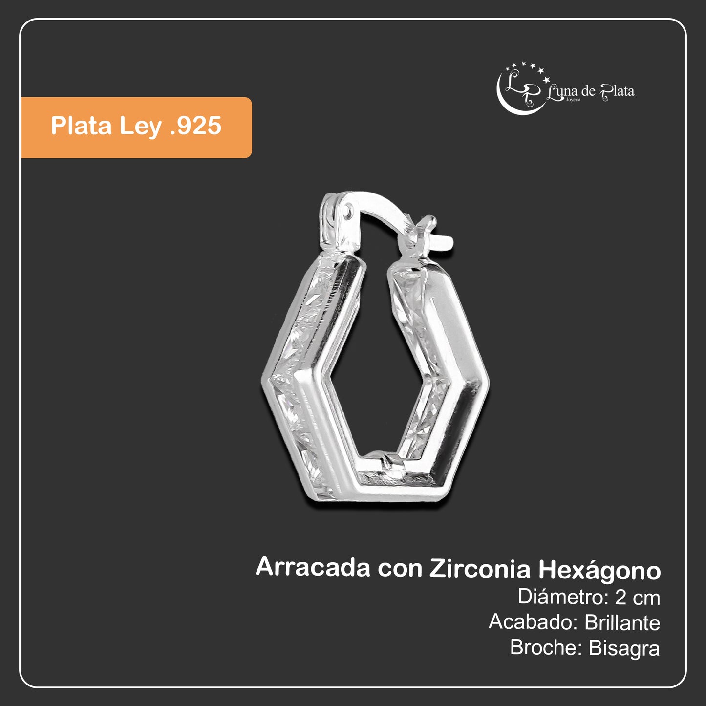 LPAZ032 Arracada con Zirconia Hexágono en Plata .925 Taxco 3297972664