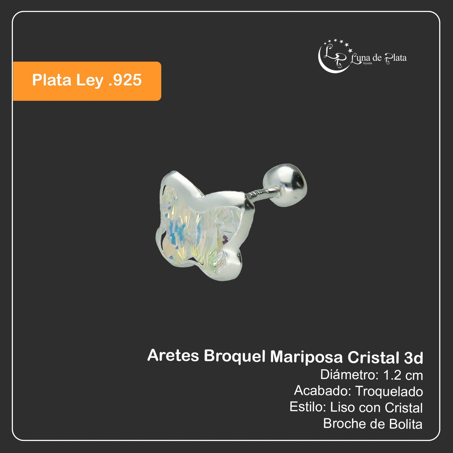 LPBR014 Aretes Broquel Mariposa Cristal 3d En Plata .925 Taxco MLM827323823