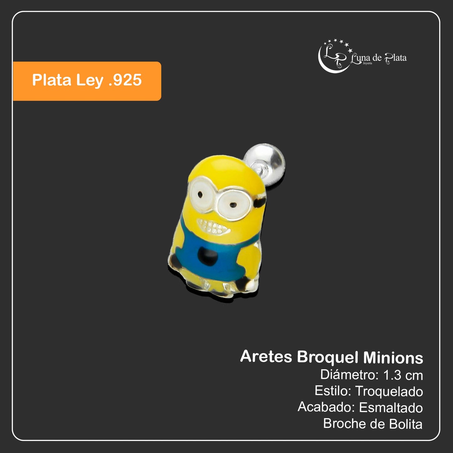 LPBR086 Aretes Broquel Minions Esmalte Plata .925 Taxco Gro.