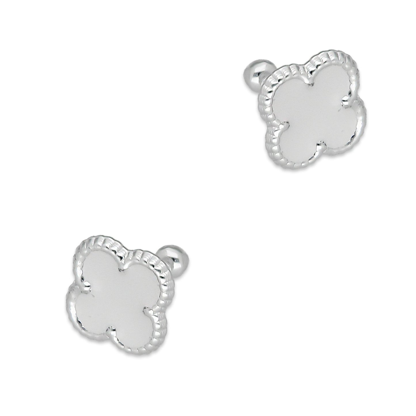 LPBR094 Arete Broquel Trébol Blanco Esmalte 11 mm en Plata .925 Taxco
