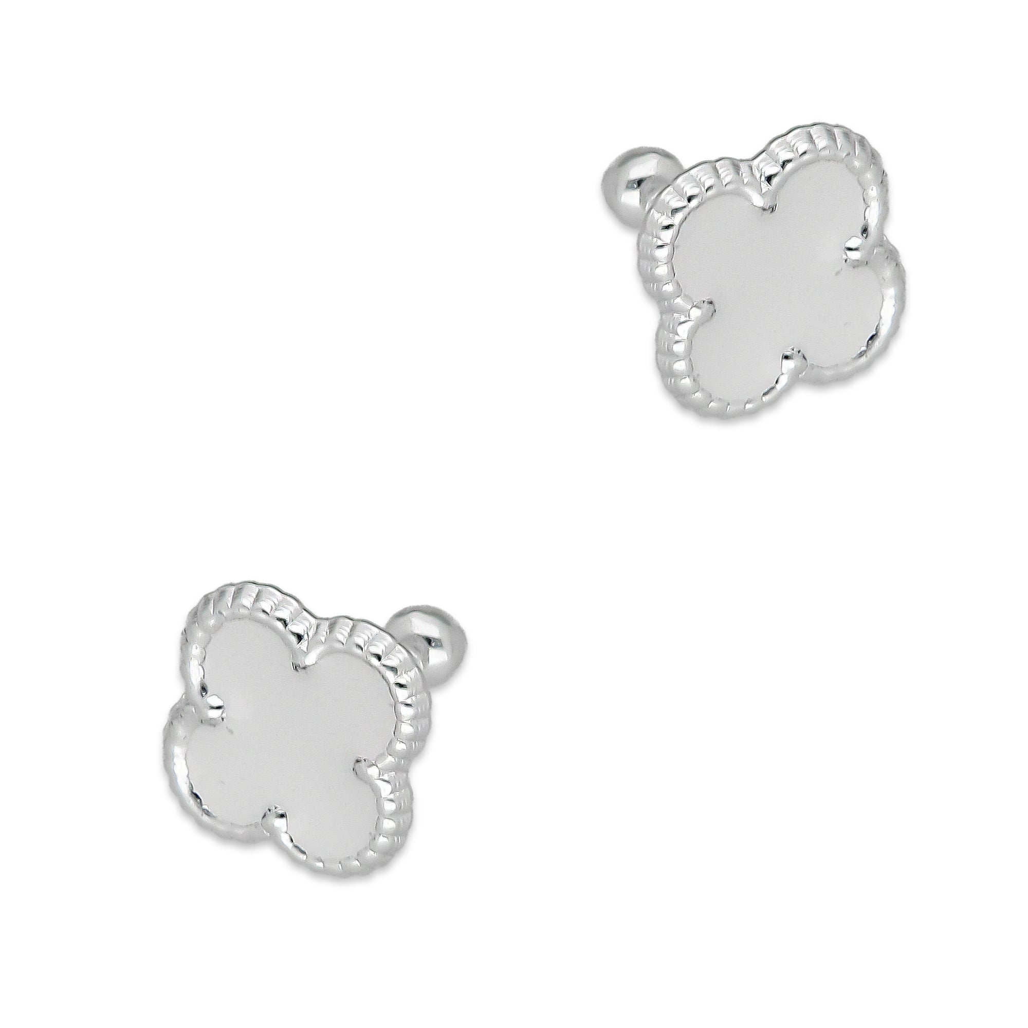 LPBR094 Arete Broquel Trébol Blanco Esmalte 11 mm en Plata .925 Taxco