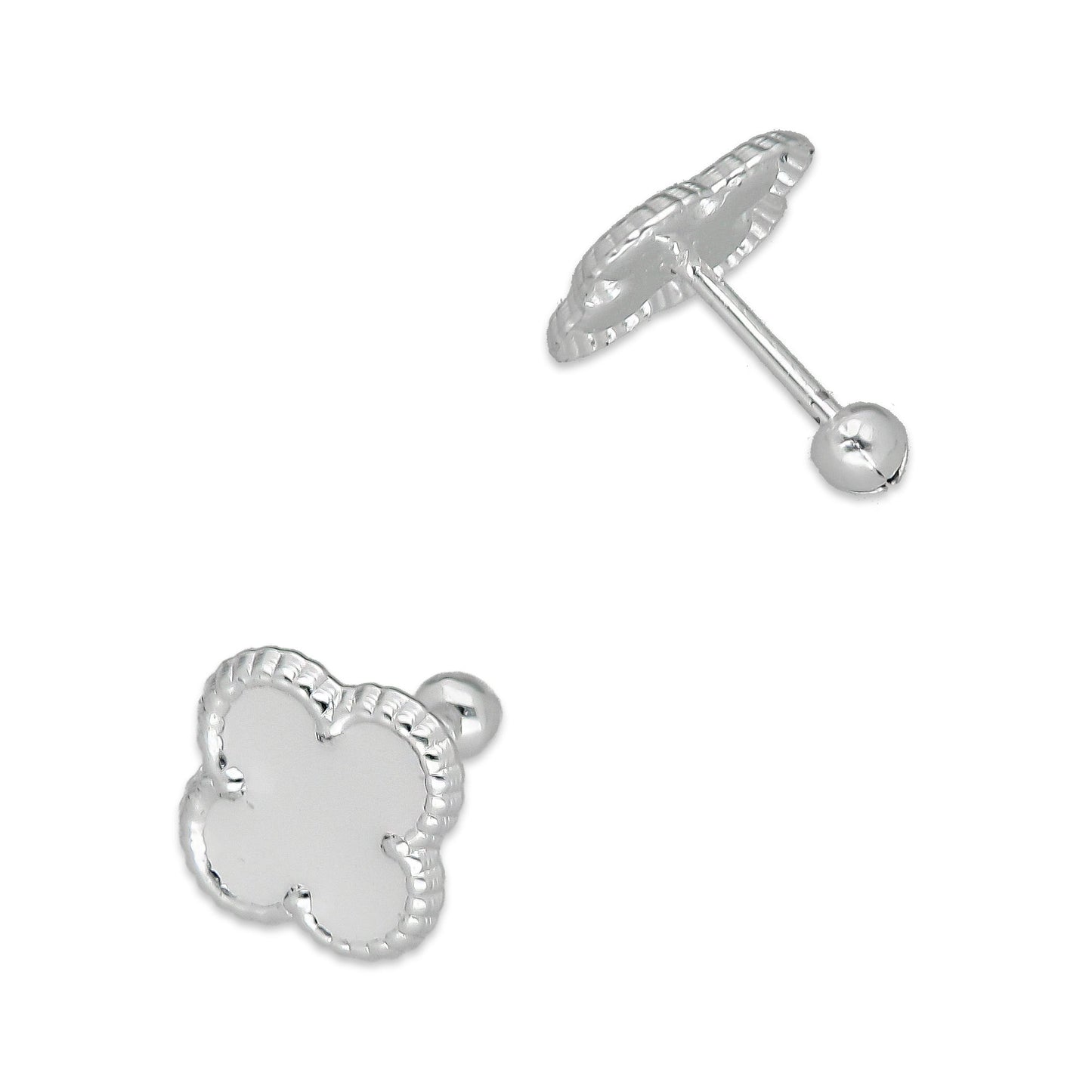 LPBR094 Arete Broquel Trébol Blanco Esmalte 11 mm en Plata .925 Taxco