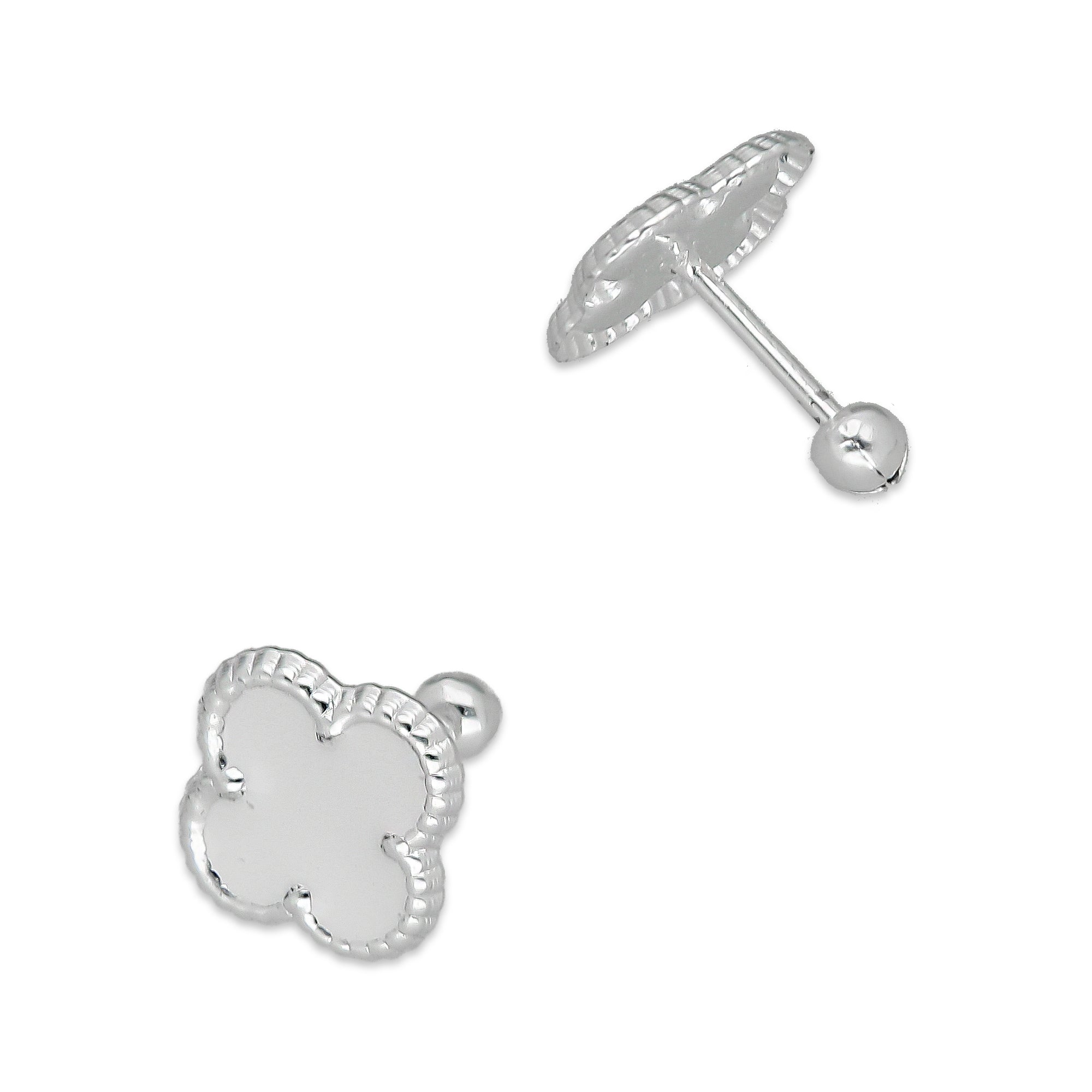 LPBR094 Arete Broquel Trébol Blanco Esmalte 11 mm en Plata .925 Taxco
