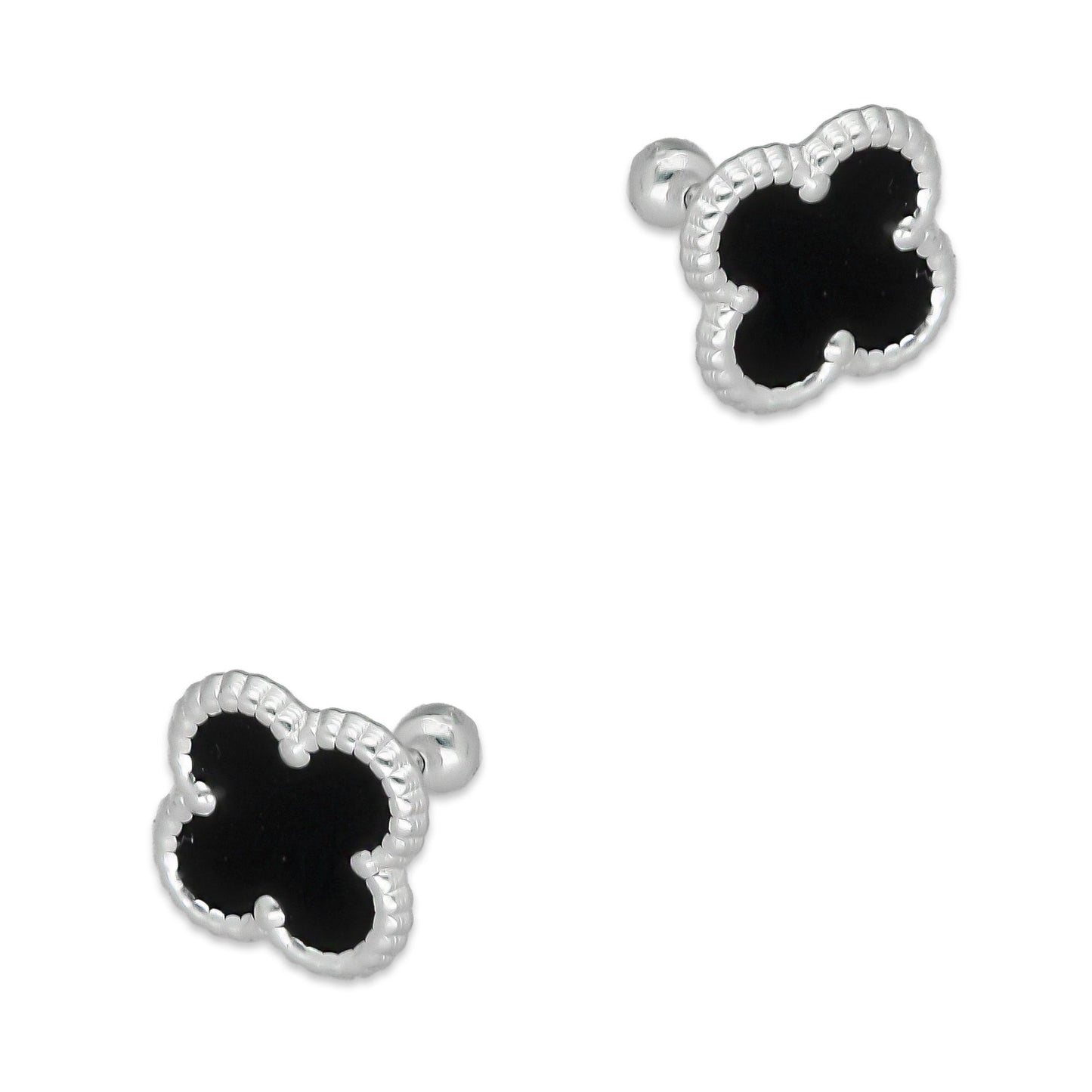 LPBR095 Arete Broquel Trébol Negro Esmalte 11 mm en Plata .925 Taxco