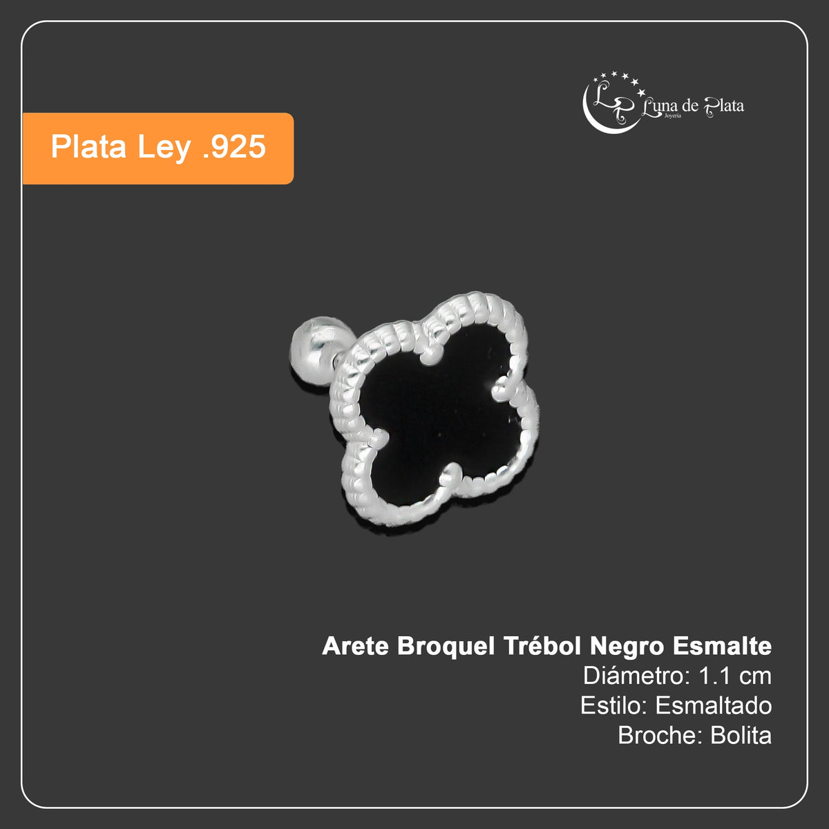 LPBR095 Arete Broquel Trébol Negro Esmalte 11 mm en Plata .925 Taxco