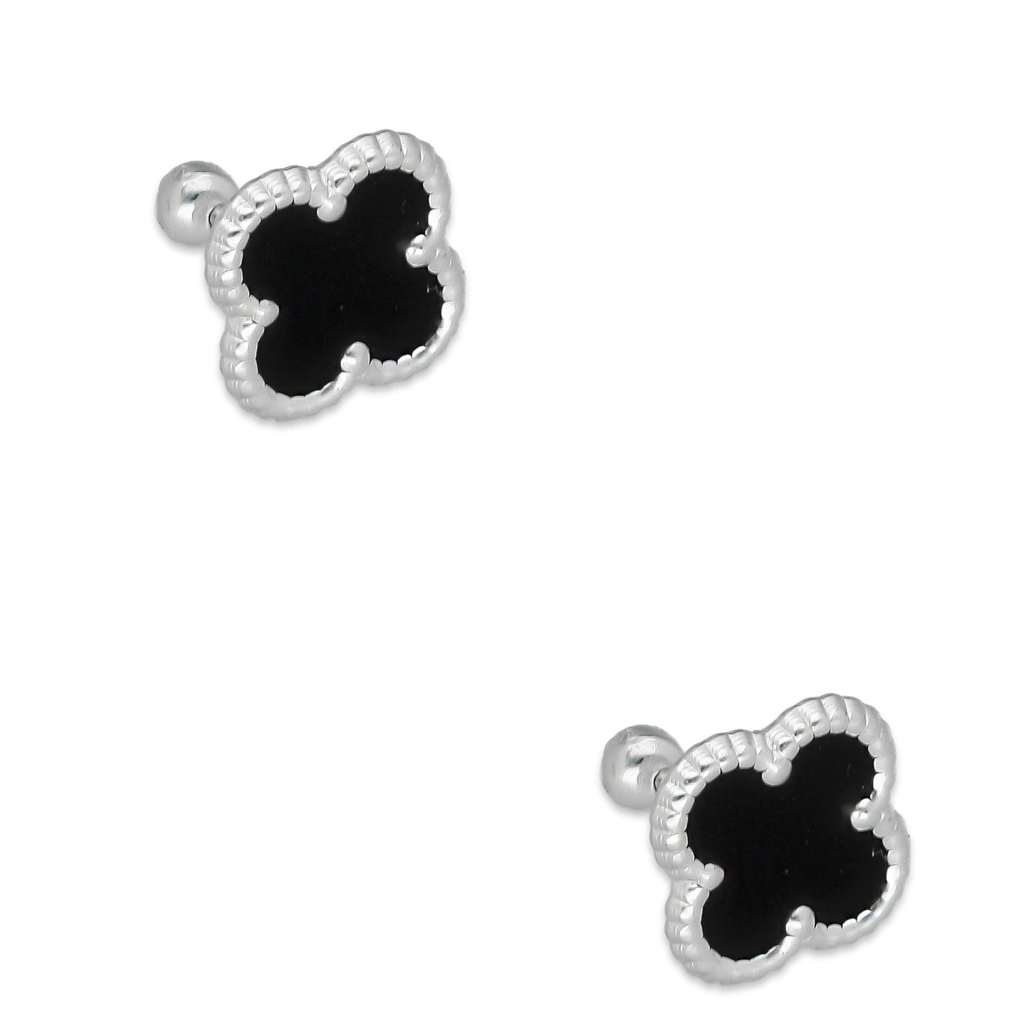 LPBR095 Arete Broquel Trébol Negro Esmalte 11 mm en Plata .925 Taxco